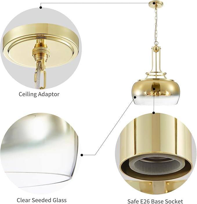 WUZUPS Gold Chandelier Rustic Farmhouse Industrial Round Ceiling Pendant LED Light Fixture with Gradient Glass Shade for Dining Room Kitchen Island Foyer Entryway, H 20.9" W 15.9", E26 Base