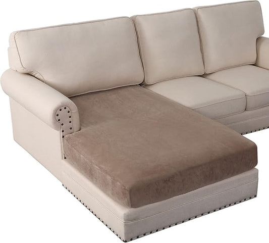 PrinceDeco Sectional Couch Covers Velvet Couch Cover for Dogs Washable L Shaped Couch Cover 1 Piece Individual Sectional Couch Covers with Elastic Bottom(Chaise Lounge,Taupe)