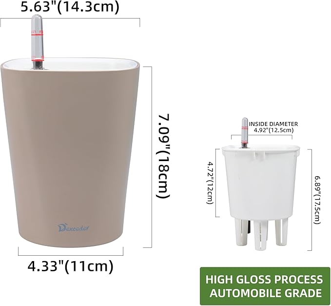Dexceder 6x7 Self Watering Planter Indoor Outdoor, High Gloss Table Flower Plant Pot with Water Level Indicator (Taupe)