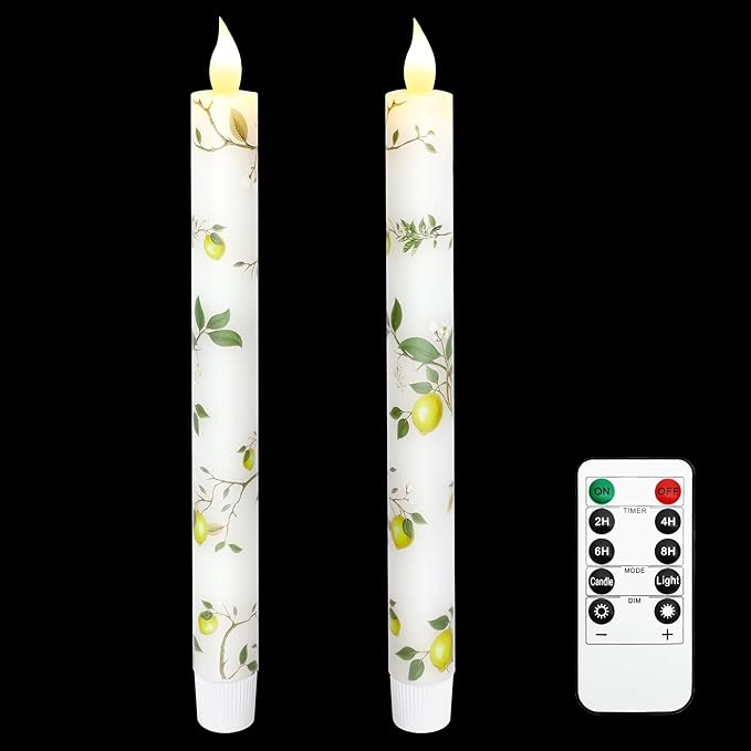 Lemon Flameless Taper Candles with Remote and Timer Flickering Flame Battery Operated Taper Candles for Home Bedroom Wedding Party Fall Christmas Summer Decor 9.6"