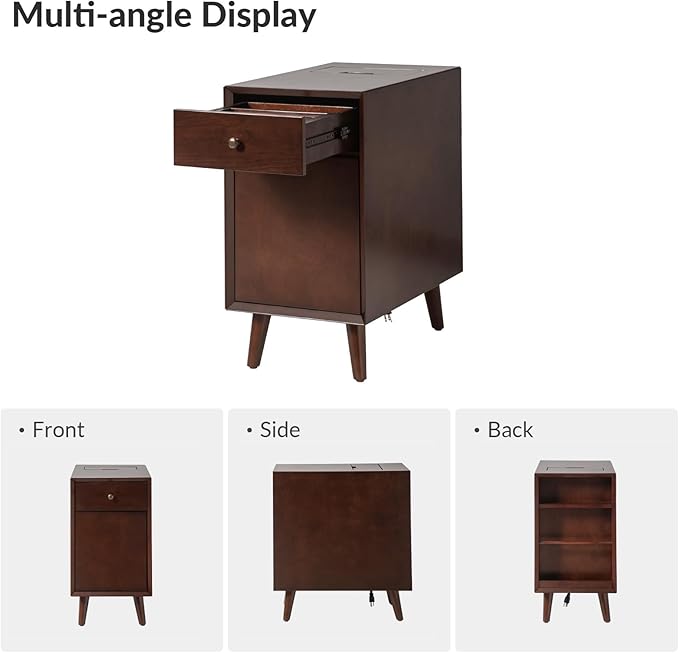 HULALA HOME End Table with Drawer and Charging Station, Modern End Table with USB Ports and Outlets, Wooden Side Table with Storage-Walnut