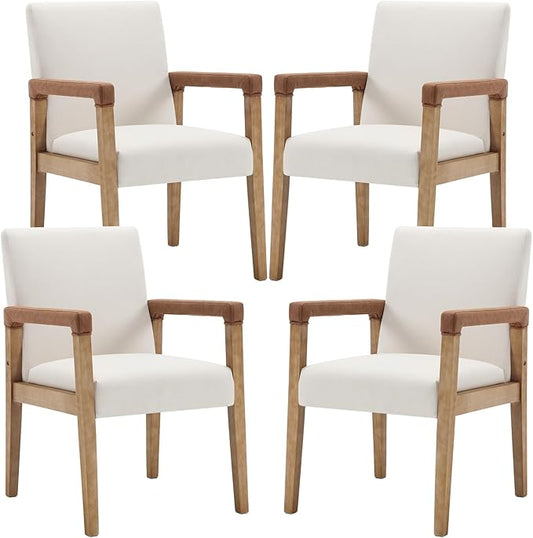 Mid Century Modern Dining Chairs Set of 4 Fabric Upholstered Living Room Side Chair, Kitchen Arm Chair with Solid Wood Legs for Home Restaurant, Linen White