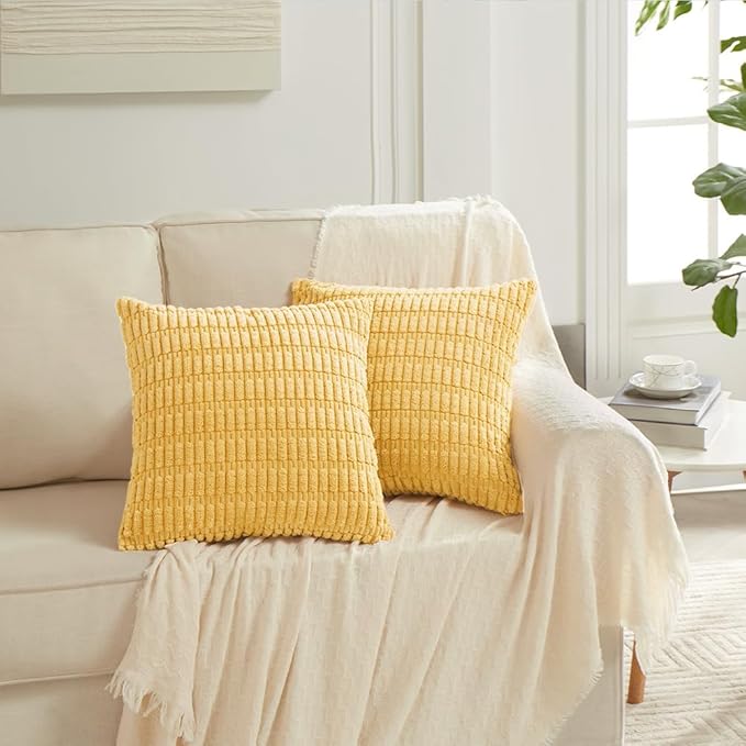 Fancy Homi 4 Packs Yellow Spring Decorative Throw Pillow Covers 20x20 Inch for Living Room Couch Bed Sofa, Rustic Farmhouse Boho Home Decor, Soft Striped Corduroy Square Cushion Case 50x50 cm