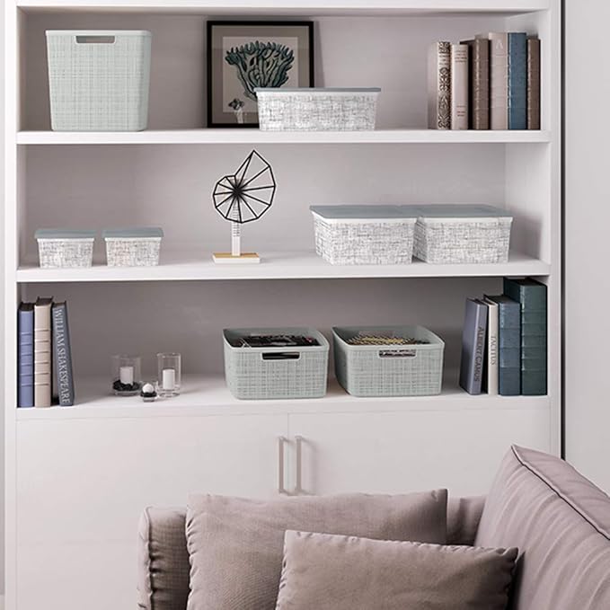 Curver Jute Decorative Plastic Organization and Storage Basket Perfect Bins for Home Office, Closet Shelves, Kitchen Pantry and All Bedroom Essentials, Small, Grey, Set of 8