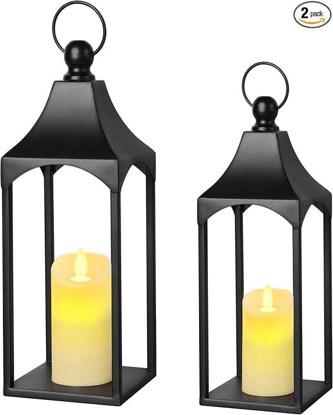 Eufrozy Lanterns Decorative Outdoor Indoor Set of 2 Black Metal Candle Lanterns with Flameless Candle, Modern Farmhouse Lantern Decor for Porch Patio Fireplace Mantle Kitchen Table Christmas Gifts