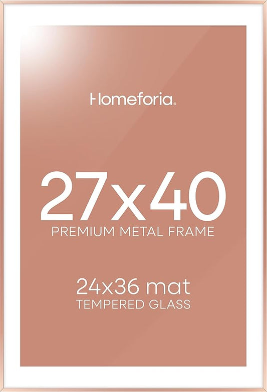 Homeforia 27x40 Poster Frame Rose Gold, High End Metal 27x40 Large Picture Frames with Mat 24x36 inch Photo, 27 x 40 Thin Frame Matted to 24 x 36 Print, 40x27 Frame, Tempered Glass, Wall Kit, Set of 1