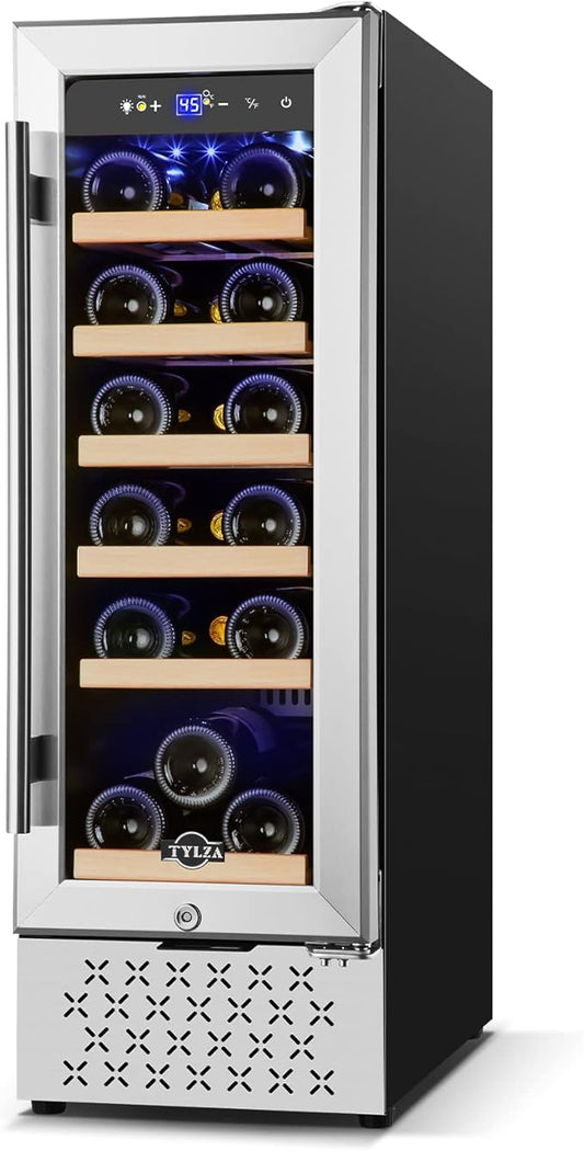 Tylza 12" Wine Cooler Refrigerator 18 Bottle Capacity, Compact Freezerless, Temperature Stability, Low Noise, Double-Layer Tempered Glass Door