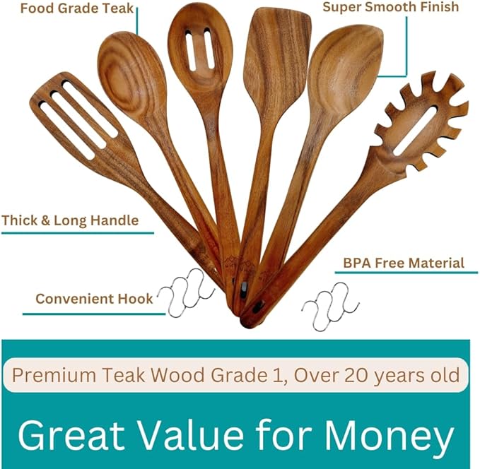Wooden Utensils for Cooking, Premium Teak Healthy Spoons, Wooden Spoons for Cooking, Durable Eco-Friendly and Safe Teak Cooking Spoon, Cooking Gifts for Mom (set of 6) and Hooks