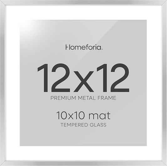 Homeforia 12x12 Silver Frame, High End Metal 12 x 12 Square Picture Frame with Mat 10 x 10 Photo, 12x12 Poster Frames Matted to 10x10 Print, 12 by 12 Hanging Frames, Tempered Glass, Wall Kit, Set of 1