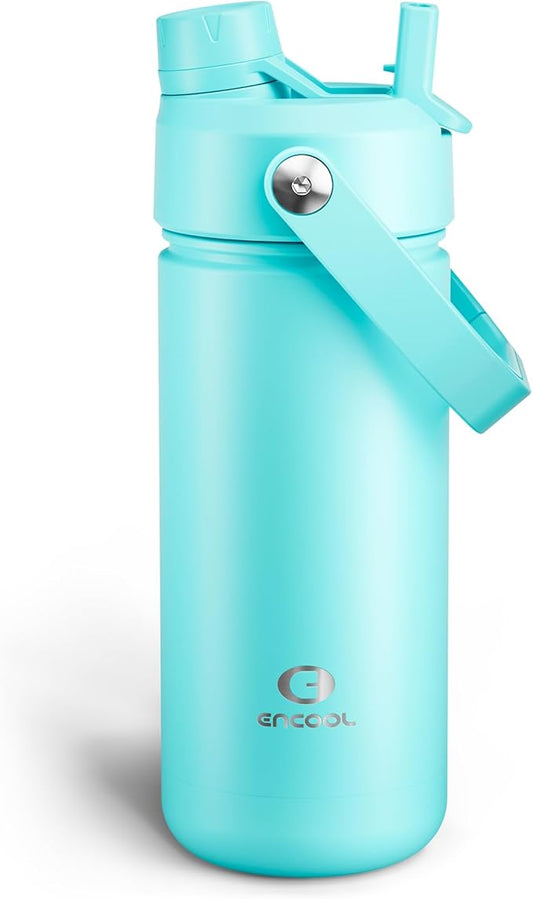 Insulated Water Bottle with Straw Stainless Steel Water Bottle, Leak-Proof, BPA-Free, Double Wall Vacuum Keeps Cold for 24 Hours for Sports, Travel, School (18 oz, Aquamarine Blue)