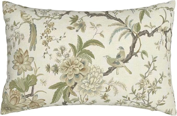 CXMEIFLY Spring Floral Birds Pillow Covers 12 x 20 Inch Set of 2 for Chinoiserie Flowers Decor Throw Pillows Sage Green Plant Outdoor Decorative Cushion Cases for Couch Bed Decorations