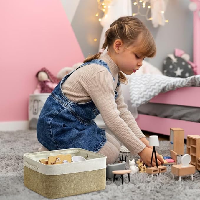 TheWarmHome Storage Basket for Shelves - 1 Pack 14x10x6.7 inch Collapsible Storage Bins Storage Boxes for Organizing for Laundry Closet Gift Cloth Nursery (Whiet & Khaki)