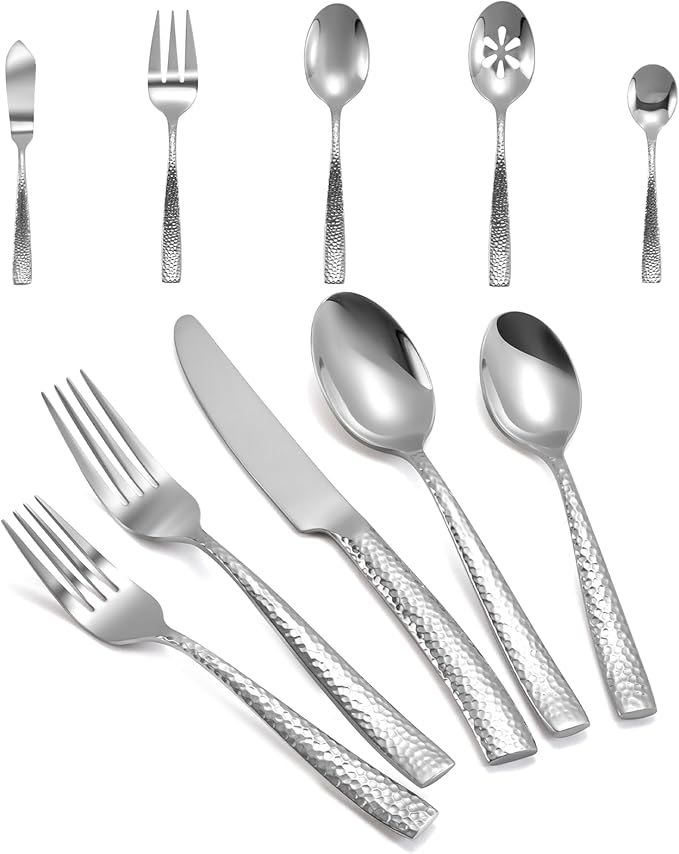 Silverware 45-Piece Silver Hammered Flatware Set with Serving Utensils Stainless Steel Thick Handle Mirror Polished Cutlery Set for Wedding Hotel Restaurant, Service for 8