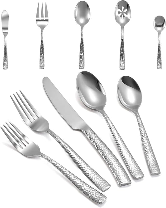 Silverware 45-Piece Silver Hammered Flatware Set with Serving Utensils Stainless Steel Thick Handle Mirror Polished Cutlery Set for Wedding Hotel Restaurant, Service for 8
