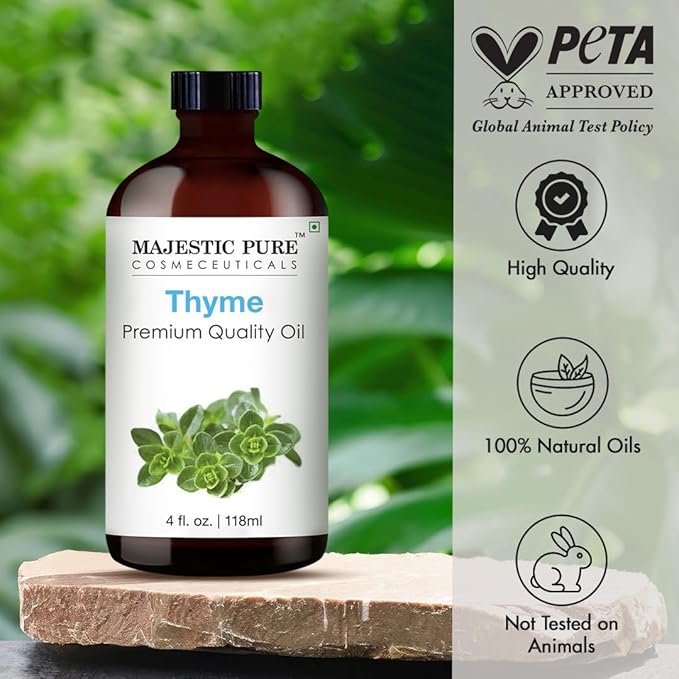 Majestic Pure Thyme Essential Oil with Glass Dropper - Huge 4 Fl Oz - 100% Pure and Natural Thyme Oil - Premium Grade Essential Oils for Diffuser, Aromatherapy, Soap and Candle Making
