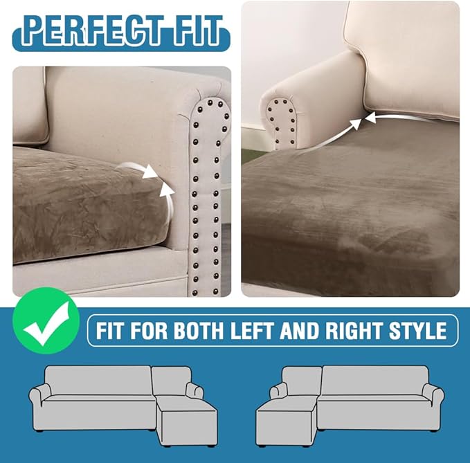 H.VERSAILTEX Velvet Stretch Sectional Couch Covers 3 Pieces Sofa Seat Cushion Covers L Shape Separate Couch Cover for Both Left/Right Sectional Couch (Large Sofa 2 Seater + 1 Chaise, Mocha)