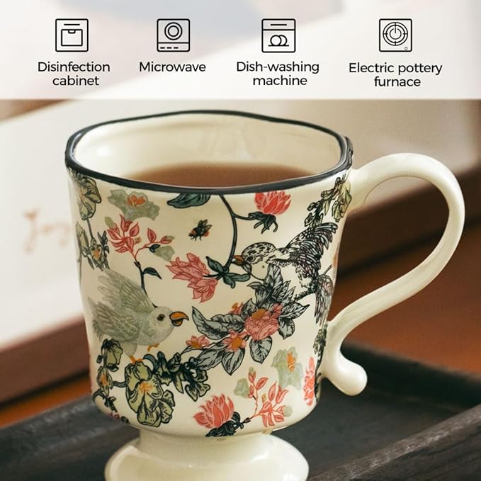 360ml -12.17oz Painted Floral & Bird Ceramic Mug - Cute Coffee Cup for Latte, Espresso - Gift for Women, Dishwasher Safe