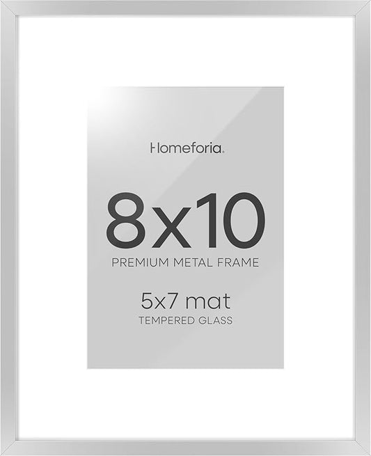 Homeforia Silver Picture Frame 8x10, High End Metal 8 x 10 Photo Frames with Mat 5 by 7 Art, 10x8 Thin Frame Matted to 5x7 inch Print, 10by8 Wall or Tabletop Frames, Tempered Glass, Wall Kit, Set of 1