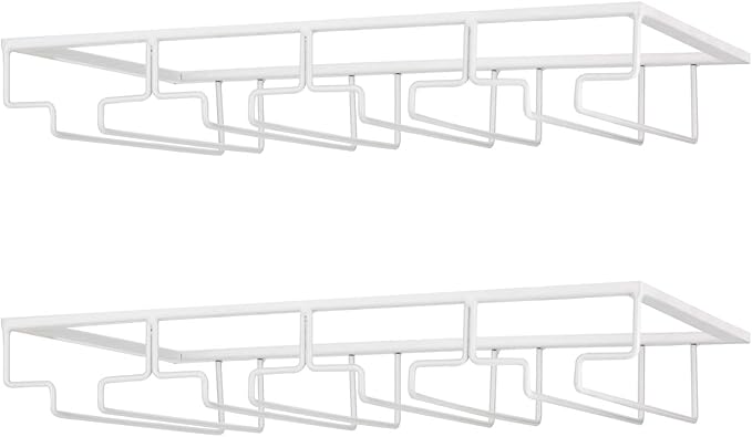 Wine Glass Rack - Under Cabinet Stemware Wine Glass Holder Glasses Storage Hanger 2 Pack Metal Organizer for Bar Kitchen 4 Rows White