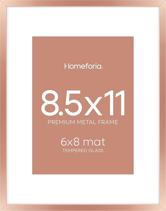 Homeforia 8.5x11 Rose Gold Frame, High End Metal 8.5 x 11 Picture Frames with Mat 6 by 8 inch Photo, 11x8.5 Poster Frame Matted to 6x8 Print, Wall or Tabletop Frame, Tempered Glass, Wall Kit, Set of 1