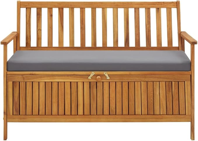 vidaXL Patio Storage Bench 47.2", Solid Acacia Wood, Dark Gray Cushion, Ample Storage Compartment, Rustic Style, Home and Garden Furniture