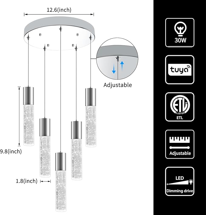 OKELI Smart Dimmable LED 5-Light Pendant Light for Kitchen Island, 18W 1350LM Modern Bubble Crystal Island Light Fixture with TUYA App & Voice Control, Adjustable 3000K-6000K, Electro-Chrome
