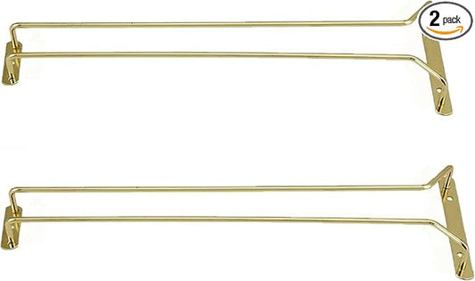 TrueCraftware- 16-Inch Wine Glass Rack Brass Finish Set of 2- Stemware Rack Wire Hanging Rack Under Cabinet Wine Glass Stemware Holder Glass Storage Hanger Organizer for Kitchen and Bar