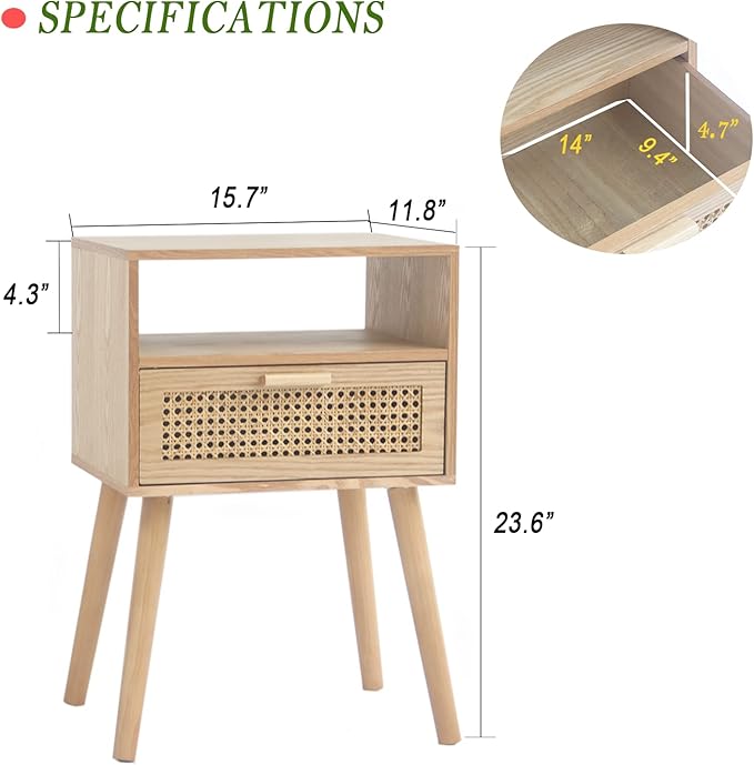 MaxSmeo Modern Nightstand Rattan Side End Table with Storage, for Living Room, Bedroom and Small Spaces, Accent Bedside Farmhouse Tables with Solid Wood Legs, Easy Assembly (Natural Walnut)