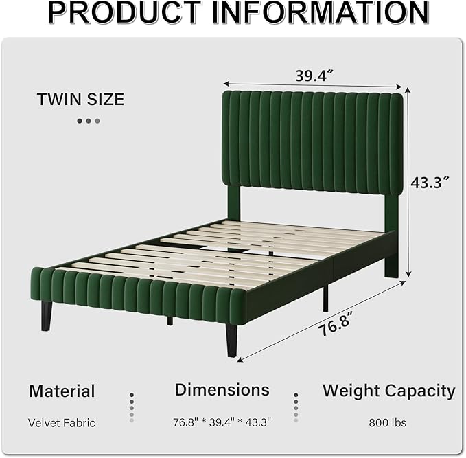 Twin Bed Frame, Velvet Upholstered Platform Bed with Vertical Channel Tufted Headboard and Footboard, No Box Spring Required, Easy Assembly, Green