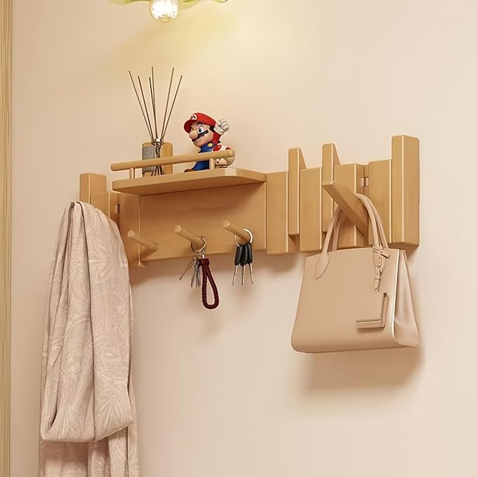 Wall Mounted Piano Key Hanger | Flip Style Hook | Entrance Wall Art Hook, Made of Oak Wood (3 Times Painted, 4 Times Polished) (Fence Beech, 8Hooks)