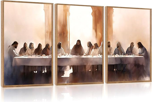 Aurlan Jesus Last Supper Bible Story Wall Art(16"x24"), 3PCS Boho Christ Christian Easter Gifts Canvas Artwork, Neutral Spiritual Religious Faith Decor Prints for Office Home