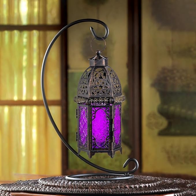 NEEDOMO Moroccan Candle Lantern, 12.8'' Hanging Lanterns Decorative Indoor Outdoor, Vintage Candle Holder for Chritsmas, Halloween, Table, Patio, Porch, Shelf, Gothic Home Decor (Purple)