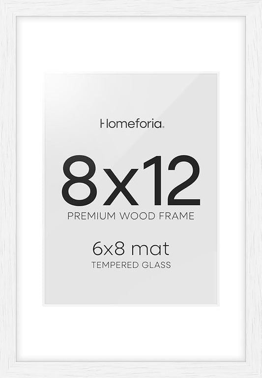Homeforia 8x12 Picture Frame White, High End Oak 8 x 12 Wood Frames with Mat 6 by 8 Print, 8by12 Wooden Frame Matted to 6x8 inch Photo, 12x8 Wall or Tabletop Frames, Tempered Glass, Wall Kit, Set of 1