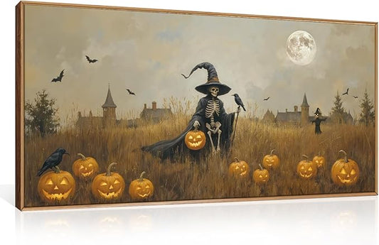 Celestdeco Halloween Ghost Reaper Framed Wall Art Set, Scary Witchy and Pumpkin Wall Decor, Horror Night Wall Painting,Full Moon Bats Art Prints for Living Room,Bedroom,Halloween Themed Party Decor-20"×40"