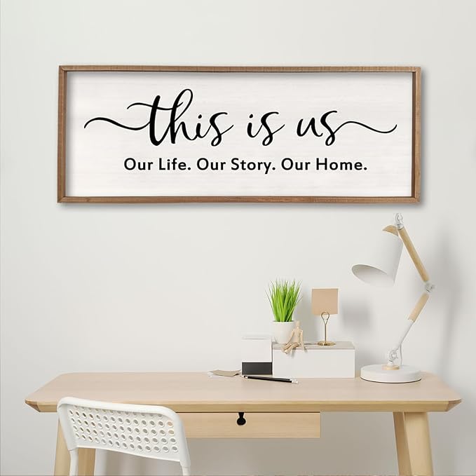 This is us Wall Decor Sign 32'' x 12'' Large Master Bedroom Home Life Story Wood Framed Vintage Family Sign Rustic Plaque Living Room Minimalist Farmhouse Hanging Wall Art (Wood)