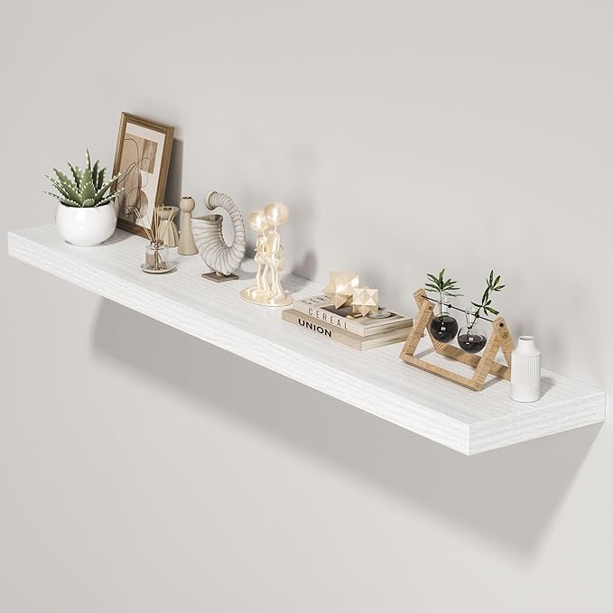 Floating Shelves for Wall, 55"W x 9.3"D x 1.5"H, Long Wooden Wall Mounted Display Shelves with Invisible Brackets for Living Room, Bedroom, Bathroom, Kitchen Decor and Storage, Set of 1, White