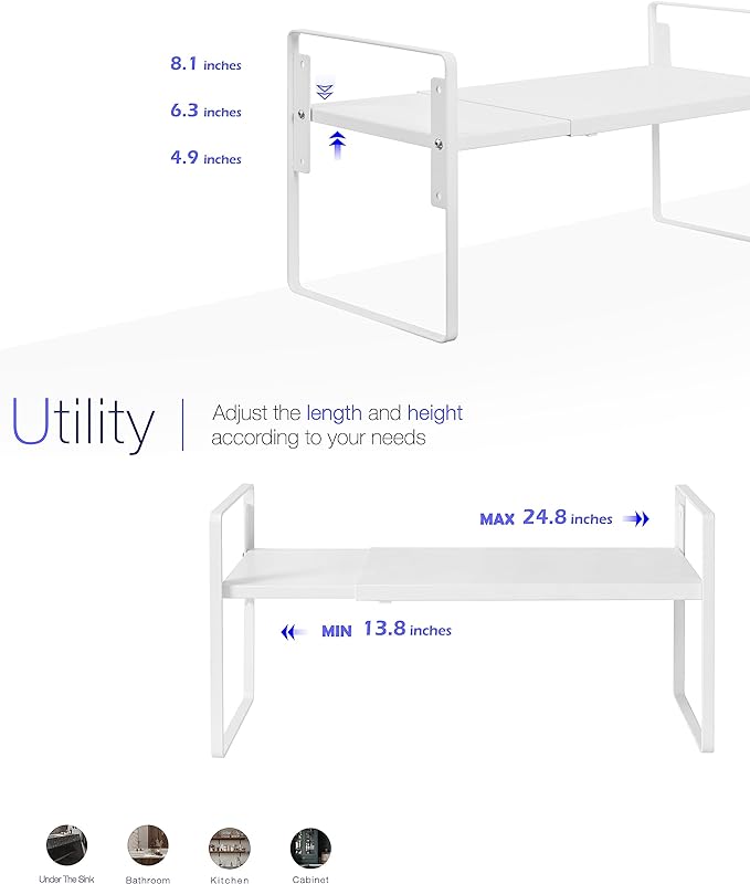 Nxconsu Cabinet Shelf Expandable Height Adjustable Organizer Riser for Kitchen Cabinet Pantry Cupboard Under Sink Countertop Organization Storage Space Saver Stackable Heavy Duty Metal White