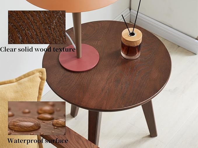 100% Solid Oak Round Side Table Set of 2, Small Bedside Table for Small Spaces, Living Room End Table with Stable Frame, Modern Nightstand for Bedroom Couch(Walnut, 17.71" D x 19.68" H)