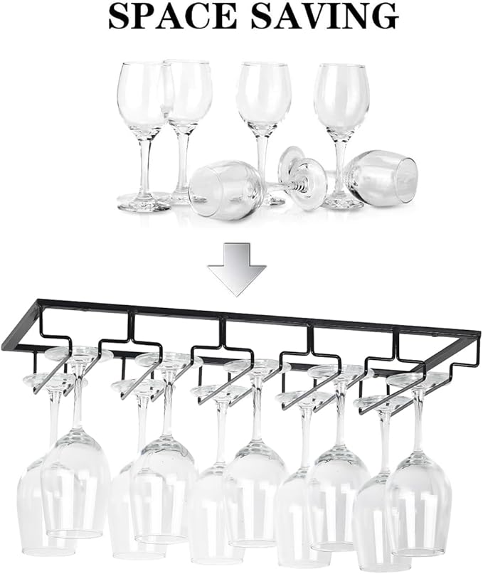 Wine Glass Rack - Under Cabinet Stemware Wine Glass Holder Glasses Storage Hanger 1 Pack Metal Organizer for Bar Kitchen 5 Rows Black