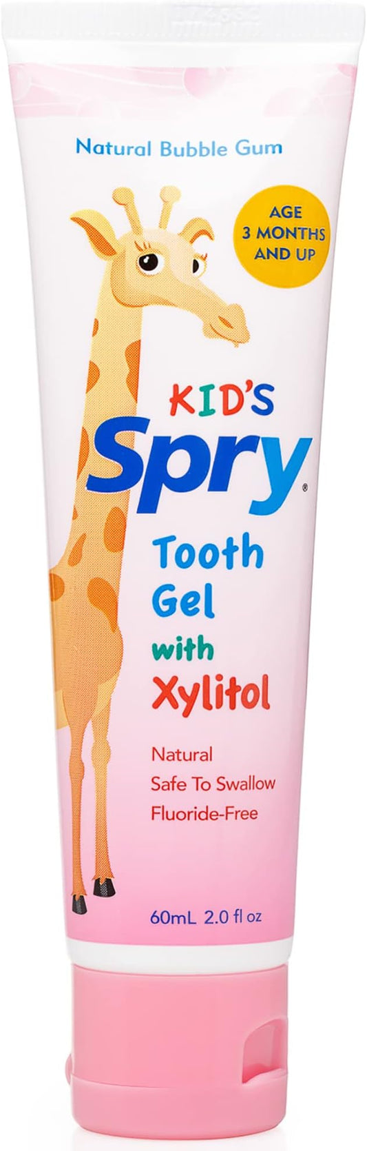 Spry Natural Xylitol Toothpaste for Baby, Toddler and Kids Age 3 Months and Up - Fluoride Free Tooth Gel, Tasty, Support Development of Emerging Teeth, Bubble Gum 2 Fl Oz (Pack of 1)