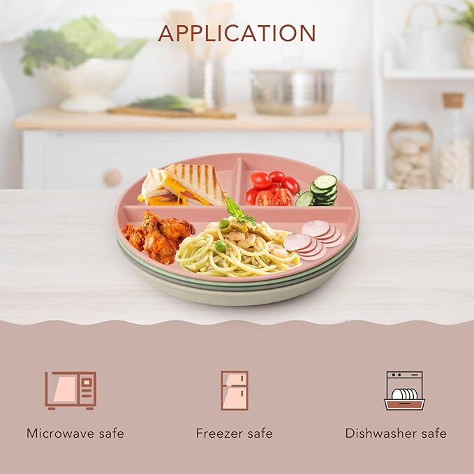 greenandlife 9 Inch (4PCS) Unbreakable Divided Plates for Kids Adults, Dishwasher & Microwave Safe Compartment Plate, Lightweight Reusable Plastic Portion Control Plates, BPA Free and Healthy