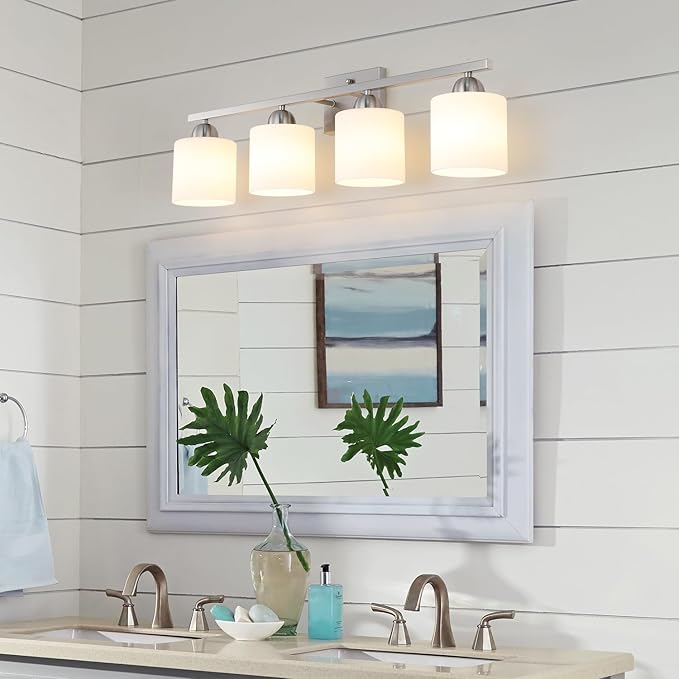 Stainless Steel Milk Glass Vanity Lights for Bathroom, 4 Light Brushed Nickel Bathroom Light Fixtures Over Mirror, Ceramic E26 Sockets Wall Mounted