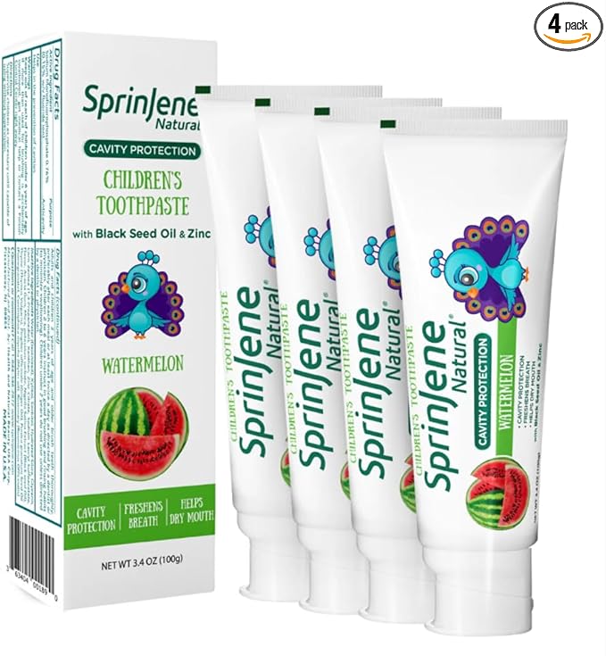 SprinJene Natural Kids Toothpaste, Watermelon | Natural Children’s Toothpaste for Cavity Protection | Fluoride Toothpaste for Toddlers | 4 Pack