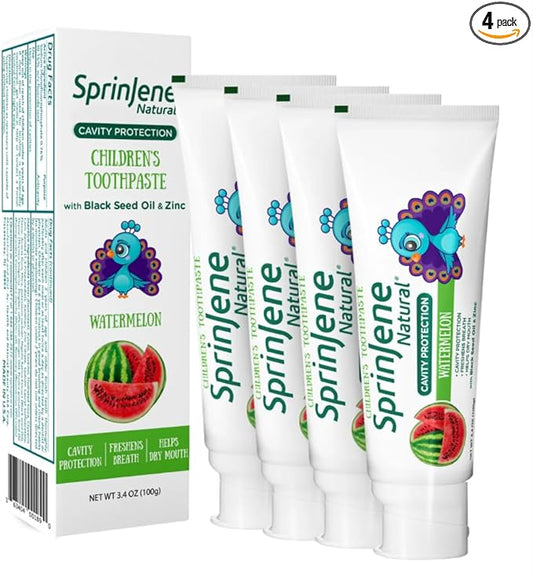 SprinJene Natural Kids Toothpaste, Watermelon | Natural Children’s Toothpaste for Cavity Protection | Fluoride Toothpaste for Toddlers | 4 Pack