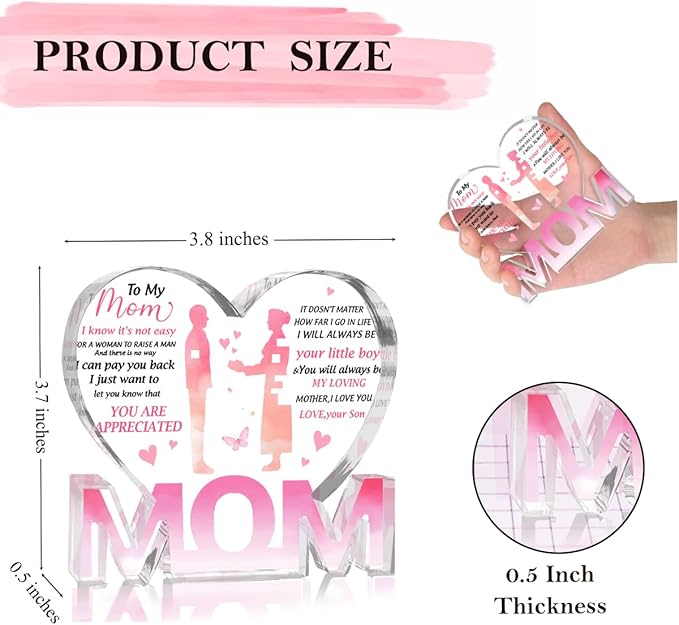 Mothers Day Gifts Best Mom Gifts -Gifts for Mom from Daughter Son - Best Mom Ever Gifts Unique Mother Birthday Acrylic Heart-Shaped Plaque Desk Decorations Present for Mom Christmas Anniversary