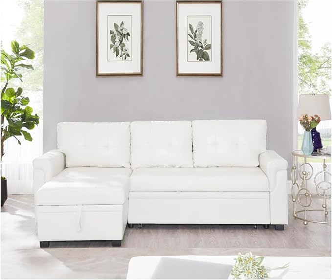 Naomi Home Transform Any Space: Sleeper Sectional Sofa with Convertible Sofa Bed & Inviting Chaise. Find Tranquil Comfort with Stress-Relieving Design & Durable Cushions - White/Air Leather