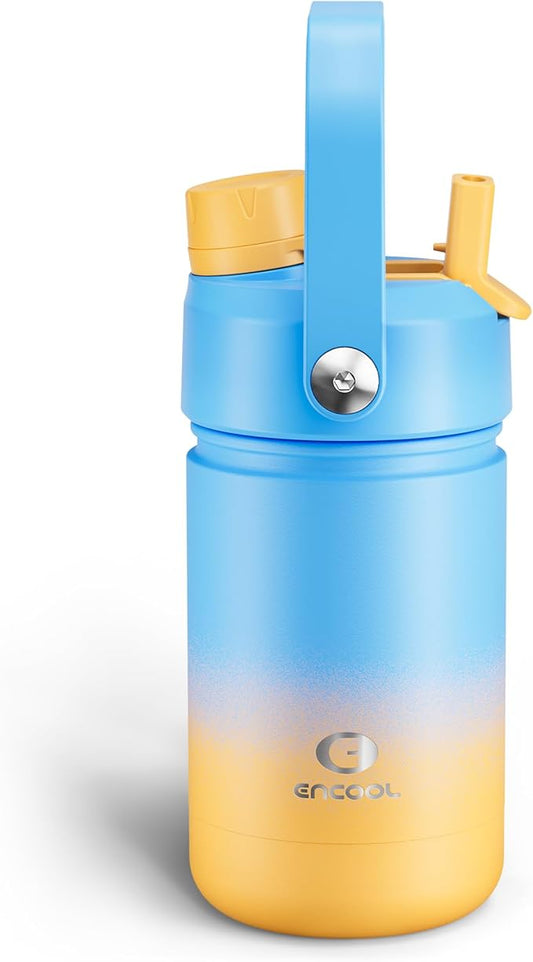 Kids Insualated Water Bottle with Straw - 12oz Stainless Steel Water Bottle with Dual Spouts, Leak-Proof, BPA-Free, Double Wall Vacuum Keeps Cold for 24 Hours for Sports, Travel, School (Sunny Breeze)