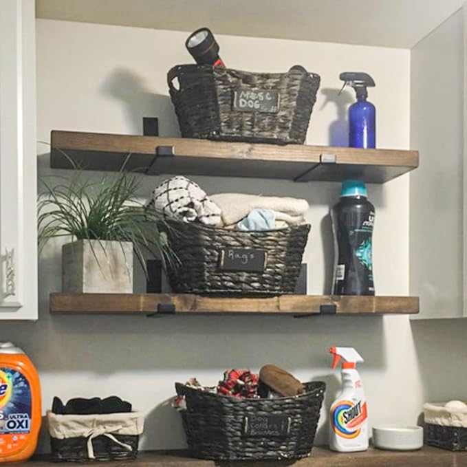 Rustic Shelves with J-Brackets Set of 2, Industrial Shelf, Kitchen Shelves, Solid Wood, Decorative Wall Storage, Heavy Duty, URBANDI (Dark Brown, 12Wx10D)