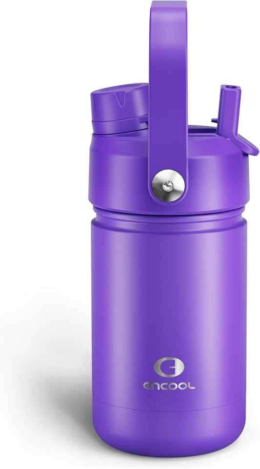 Kids Insualated Water Bottle with Straw - 12oz Stainless Steel Water Bottle with Dual Spouts, Leak-Proof, BPA-Free, Double Wall Vacuum Keeps Cold for 24 Hours for Sports, Travel, School (Violet)