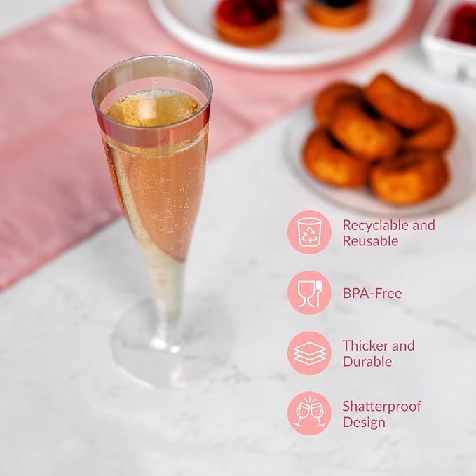 Prestee Set of 24 Plastic Champagne Flutes with Rose Gold Rim - 4.5 oz - Shatterproof Disposable Glasses - Elegant Design - Ideal for Weddings, Cocktail Parties, and Outdoor Celebrations